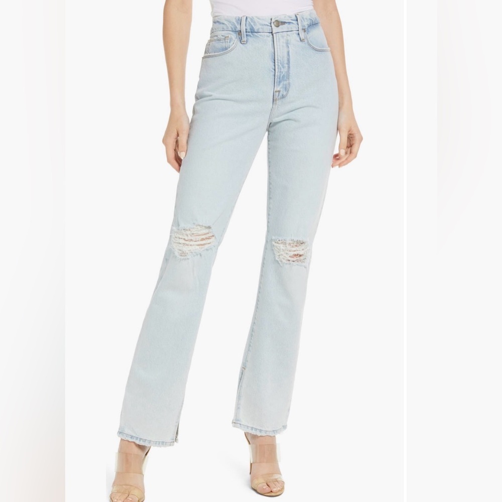 Good American Light Blue Distressed Flare Jeans